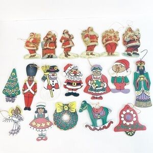 18 Total Vintage Ornaments 6 Merrimack 1987 Die Cut Santa & 12 Wood Dbl Sided